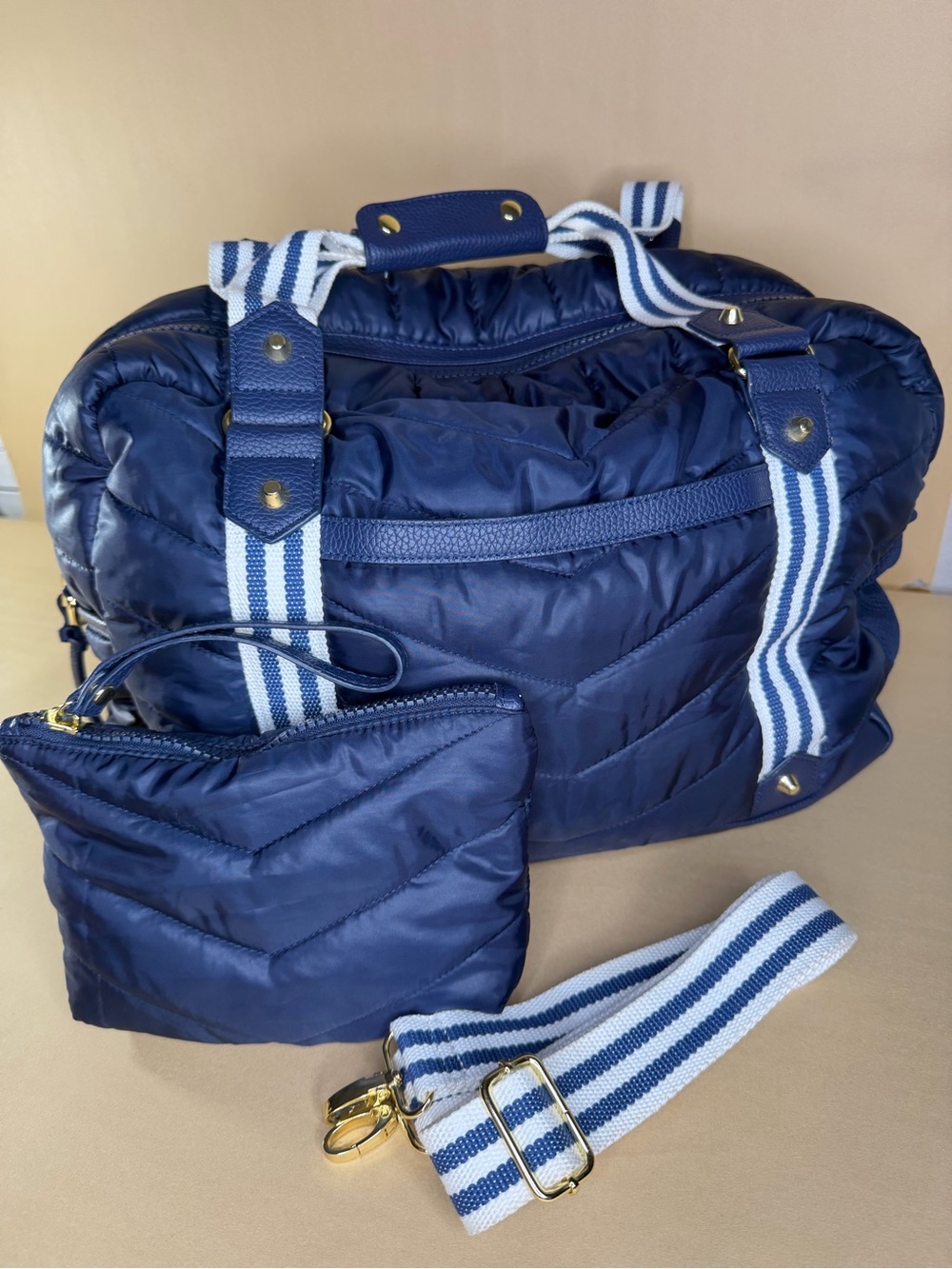 Cynthia Rowley Quilted Navy Travel Duffel with Striped Strap